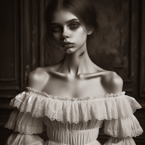 A gothic-style portrait of a pale young woman with haunting eyes, wearing a vintage off-shoulder lace dress. A faint wound or bite mark is visible on her neck. Cover art for 'Blood-lit Bride'.