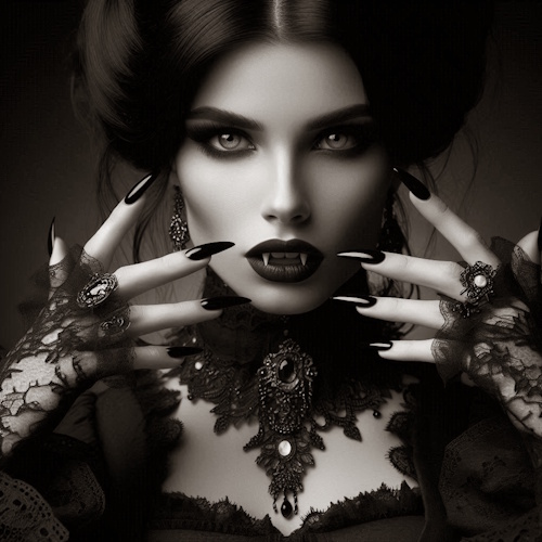 A gothic vampire woman with piercing eyes, dark makeup, fangs, and elegant black lace attire. She wears ornate jewelry and has long, sharp black nails. Cover art for 'Carmilla'