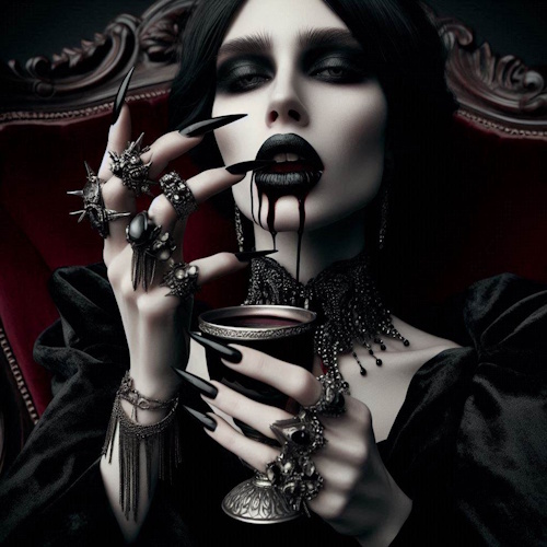 A gothic figure sits on a dark red velvet throne, pale-skinned with black lips dripping inky liquid. Adorned with elaborate rings and long, pointed nails, they hold an ornate goblet of dark liquid. Dressed in black velvet with intricate lace, they exude eerie elegance and vampiric allure.