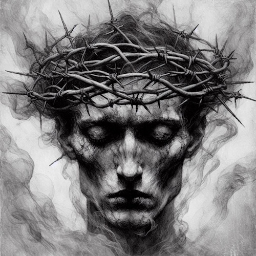 A grayscale, artistic depiction of a gaunt, suffering face with closed eyes, wearing a crown of barbed wire. Smoke or dark wisps surround the head