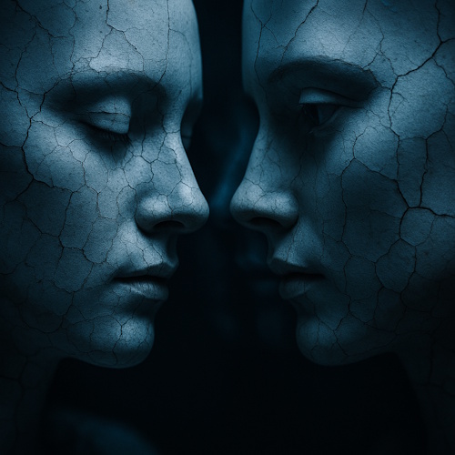 Two faces, seemingly identical, are shown in profile, very close to each other against a dark background, in a cool blue hue. Their skin is heavily cracked like dry earth. One face has its eyes closed, while the other looks slightly downward.