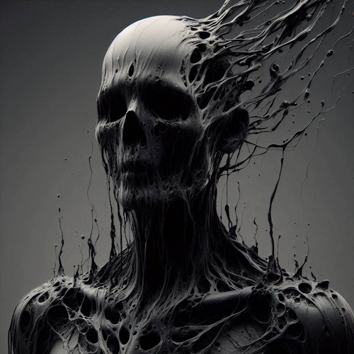A skeletal figure with a glossy black surface appears to dissolve into tendrils of liquid darkness, stretching into the void. Cover art for 'Dissolution of Flesh'.