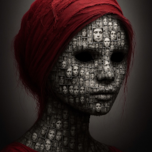 A surreal image of a person's head and upper chest, with the skin replaced by a collage of small, black and white facial photographs. The person is wearing a red, textured head covering and a red garment. The eyes are empty, dark sockets, and the overall tone of the image is somber