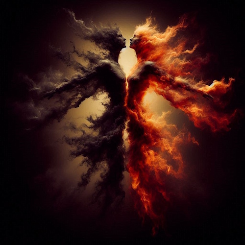 A surreal artwork depicting of two ethereal figures, one made of dark smoke and the other of fiery flames, merging as they reach for each other. Their bodies dissolve into swirling elements. Cover art for 'Falling into the Fire'.