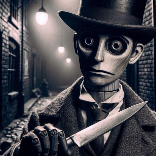An eerie wooden marionette with large, hollow eyes stands in a dimly lit cobblestone alley, wearing a top hat and suit. Its wooden hand grips a knife, evoking a haunting, vintage horror atmosphere. Cover art for 'Gaslight Ghosts'.