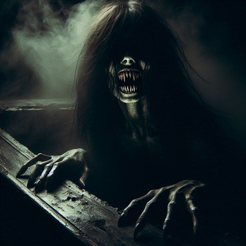 A terrifying ghostly figure with long, tangled black hair emerges from a dark, broken coffin. Its face is mostly obscured, but its jagged, needle-like teeth gleam in the shadows.Cover art for 'Ghost with Needle Teeth'