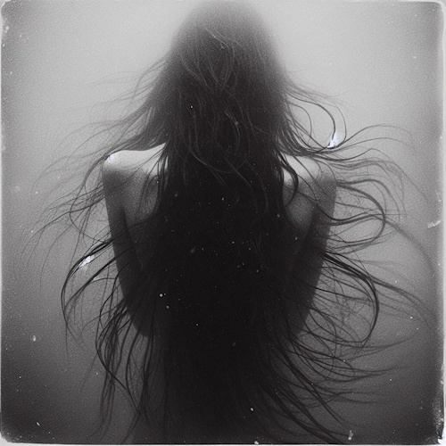 A grayscale, slightly blurred image of a woman facing away, her long, dark hair flowing voluminously around her. The smooth, blurred skin and misty gray background contribute to a soft, textured appearance with a vintage aesthetic.
