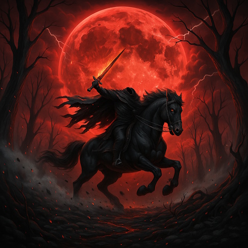 A high-contrast image in gray and black of a headless horseman wielding an axe, riding a rearing horse through a dark, eerie forest.