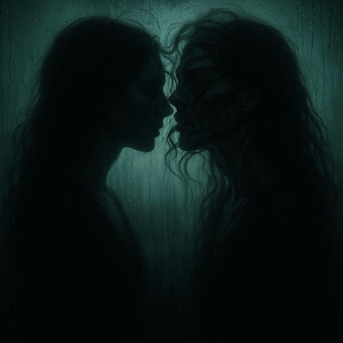 A dark, artistic image of two shadowy figures with long hair, seen in profile, with their faces close together as if about to kiss. The background is a textured, teal-green color, possibly a window with rain or condensation, adding to the melancholic and intimate atmosphere