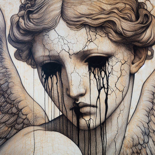 A sorrowful angel statue with cracked, aged marble skin and hollow, blackened eyes weeping streams of inky tears. Delicate yet eerie, the figure's wings and curls are intricately detailed, evoking a sense of loss and haunting beauty. The muted, desaturated tones enhance the gothic, mournful atmosphere. Cover art for Lacrimosa