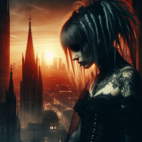 Young gothic woman with silver-streaked dreadlocks and lace attire, standing against a dramatic sunset cityscape with cathedral spires and skyscrapers. Dark romantic aesthetic, evoking themes of farewell, love, and longing. Cover art for 'Leb Wohl, My Love.'