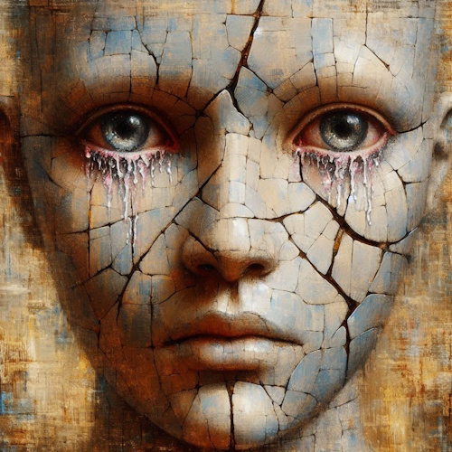 A surreal, close-up portrait of a humanoid face with a cracked, weathered texture resembling aged porcelain or dried earth. Cover art for 'Like Tears in Rain'.