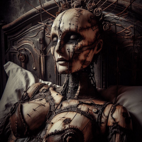 A female figure in an ornate bed, crafted from weathered wood and metal with visible stitching and rivets. Cover art for 'Malformed Idol'.