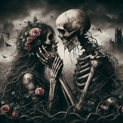 Two skeletal lovers entwine in a gothic landscape, their bones tangled with roots and roses. A ruined cathedral looms in the background as crows circle overhead. Decay and devotion merge in this eerie yet hauntingly romantic scene, evoking eternal love beyond death. Cover Art for 'Necropolis Kiss'