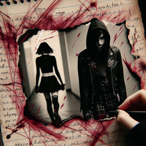 A hand is drawing on a notebook page that has a burnt-out hole revealing two figures in the background. The figures are a person in a black hoodie and leather jacket with dark makeup, and a person in a black crop top and skirt walking away. Red, scribbled lines emanate from the burnt edges of the hole across the notebook page, which is covered in handwritten text