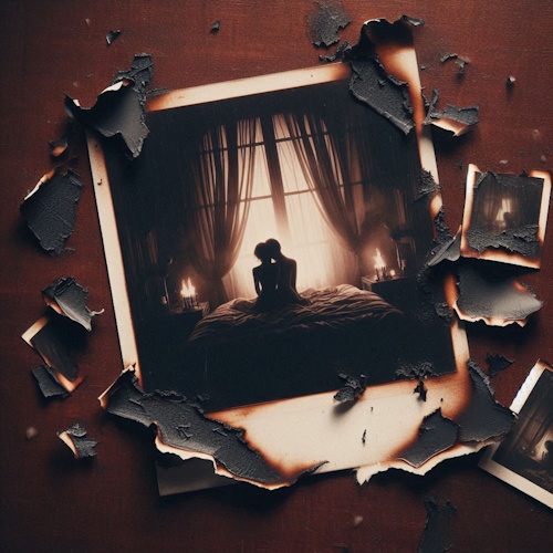 Damaged photo showing a loving couple in silhouette, surrounded by charred edges and smaller, obscured images. Cover art for Shadow's Kiss