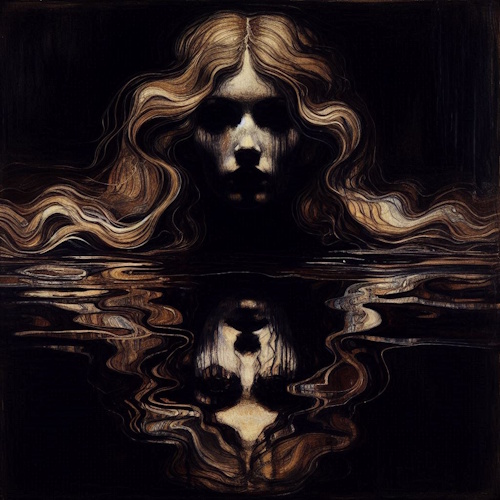 A haunting, dark illustration of a woman's face with long, wavy brown hair flowing downwards, staring out of the darkness with shadowy eyes. Below her, a distorted reflection of her face and hair is visible in a rippled, dark surface that resembles water or oil.