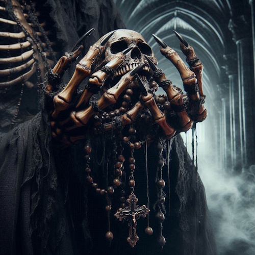 Skeletal hands hold a skull. A dark brown beaded rosary with crucifix hangs down. Figure wears a dark, tattered robe. Dark, smoky background. Cover art for 'The Mouth That Devours'