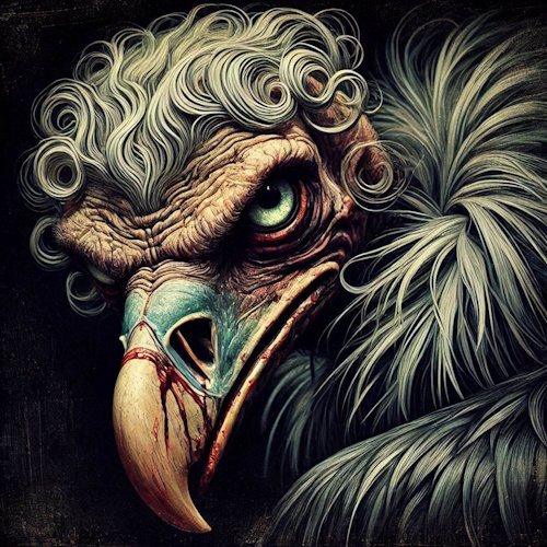 A grotesque vulture, cartoonish with a curved, bloody beak and wild hair, stares with bulging, menacing eyes. Cover art for 'The Tell-tale Beat'.
