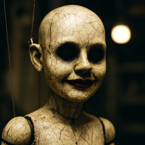 A close-up of a creepy, pale, cracked marionette doll with large, black, hollow eyes and dark red lips formed into a slight smile. Strings are visible attached to its head